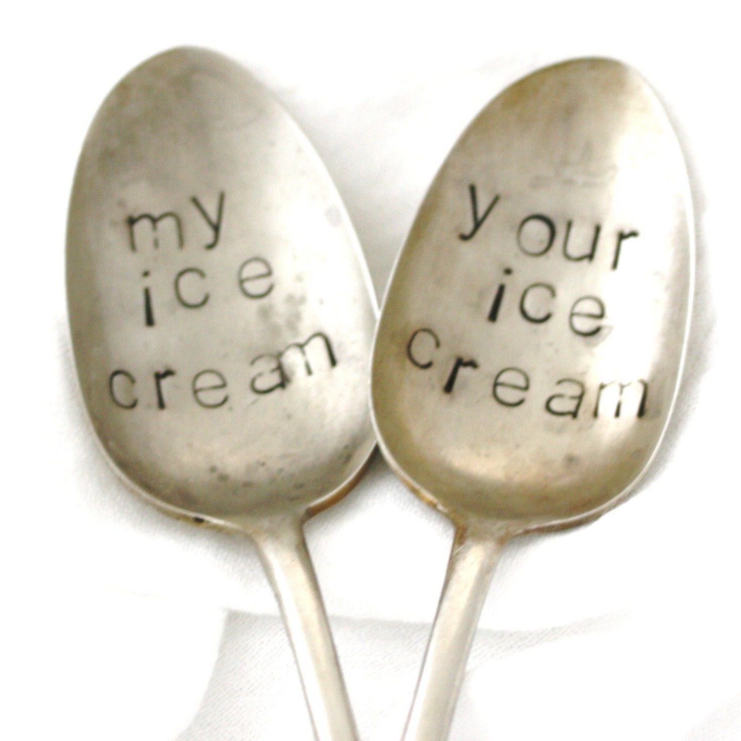 Rustic My Ice Cream and Your Ice Cream Spoon, set of 2 vintage hand stamped vintage silver spoons with sweet hearts By MilkandHoneyLuxuries