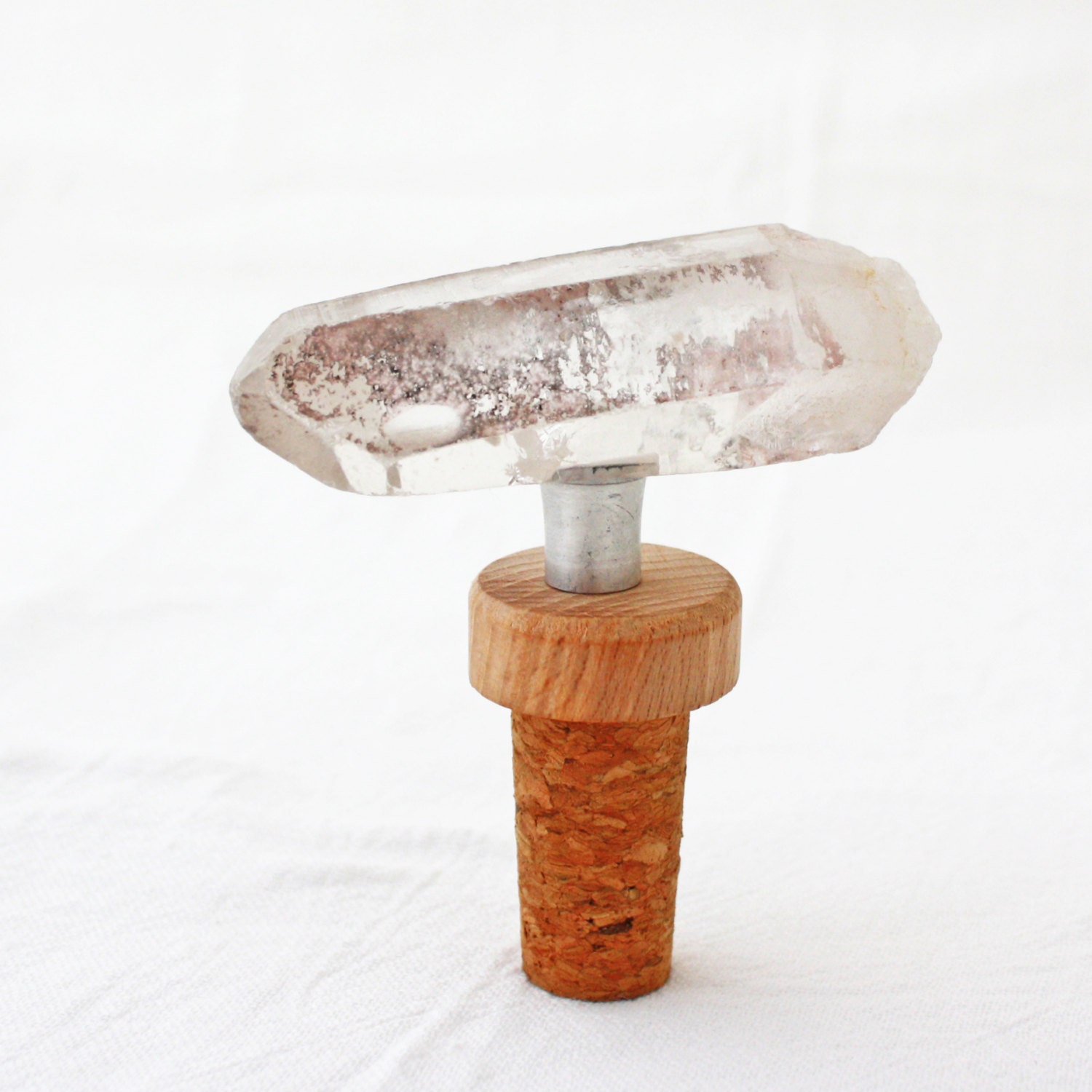 Quartz Crystal Wine Stopper- Clear quartz crystal point and natural cork.  A unique host or hostess gift. Special Edition.