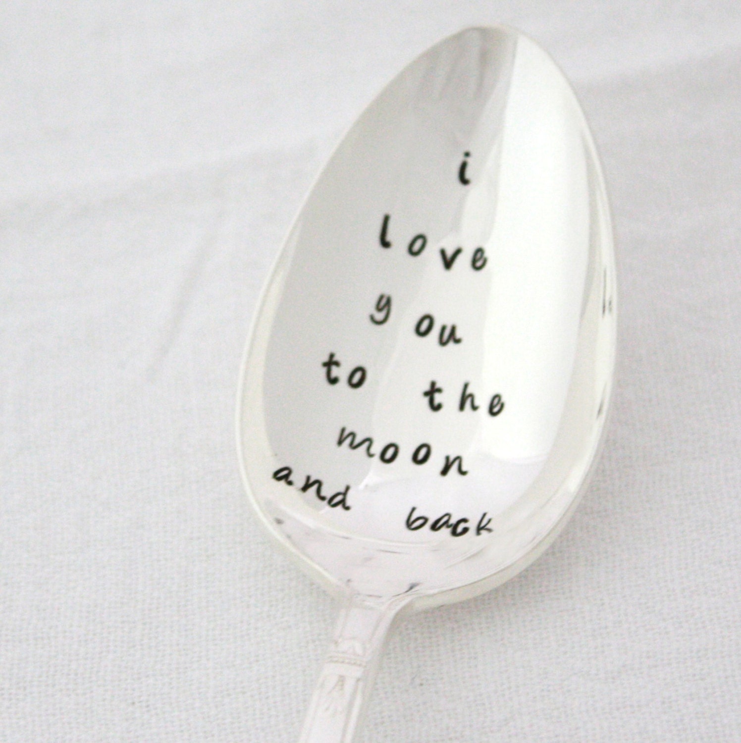 I Love You to the moon and Back, Hand stamped ice cream or cereal spoon. Vintage silverplated flatware- Ready To Ship