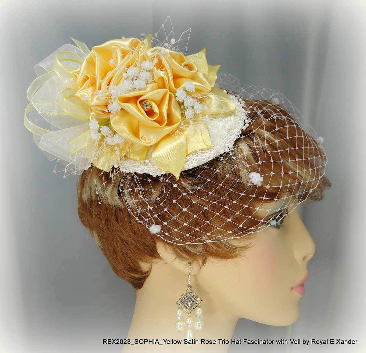 Yellow Satin Flower Trio Hat Fascinator with Crystal Chenille Mini Veil  2 Piece Set Wedding Bridal Special Occasion