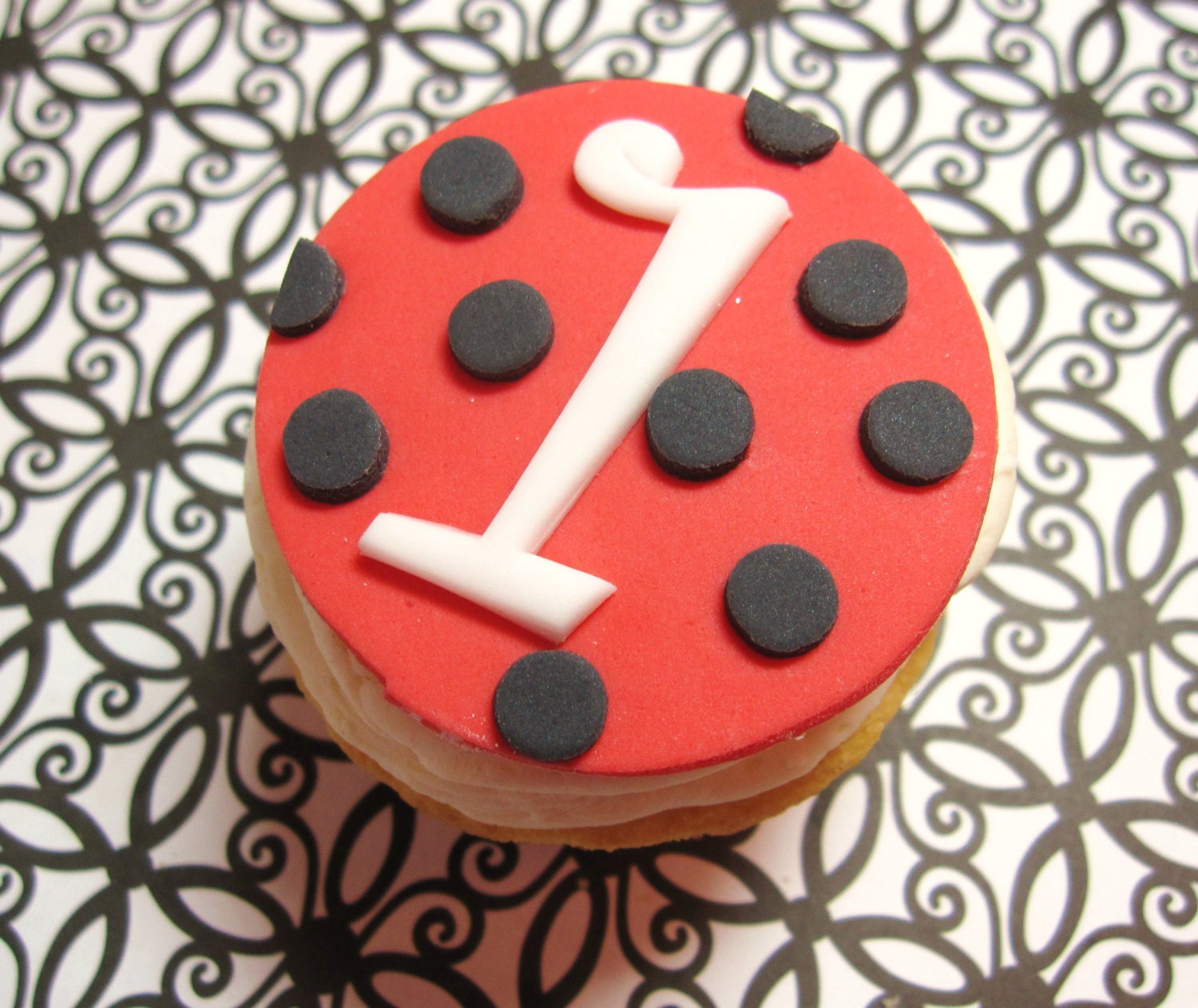 Polka Dot With Monogram Fondant Cupcake Toppers with letter and number in lady bug colors or your choice
