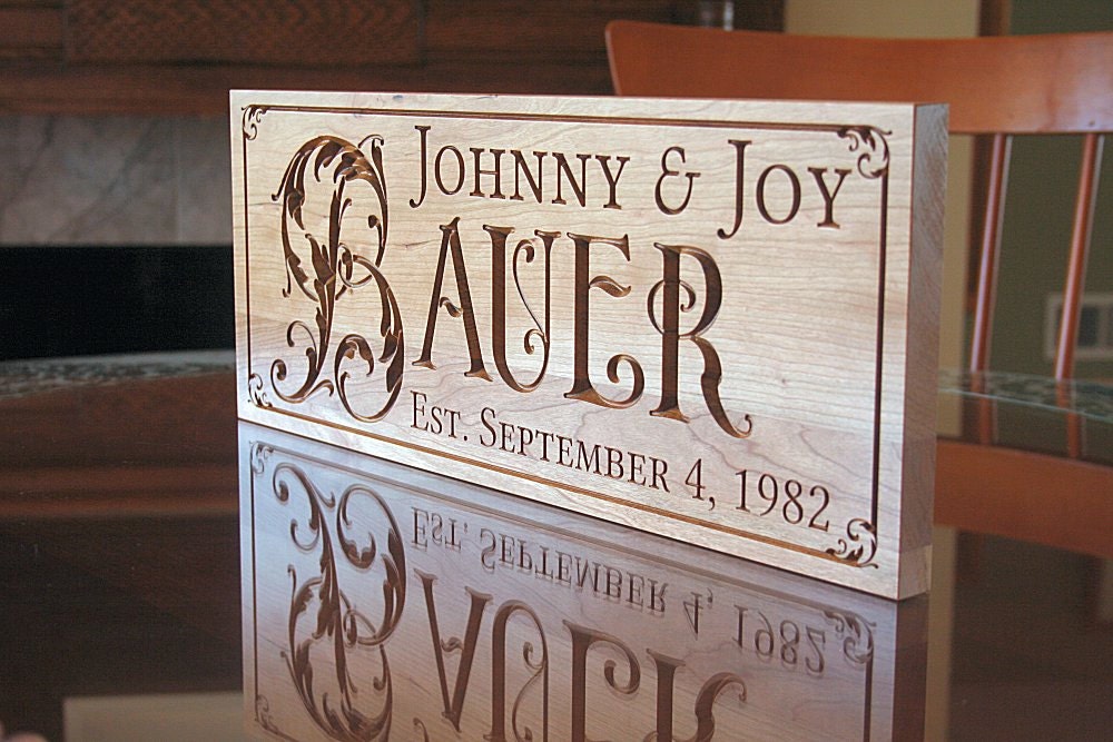 Name Sign: Wedding Anniversary Personalized Family Name Sign Custom Engraved Established Date Marriage Gift Cherry 7x18 BV