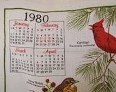 1980 Linen Calendar Tea Towel- Vintage Linen- National Wildlife Federation- Wild Bird Scene Wall Hanging