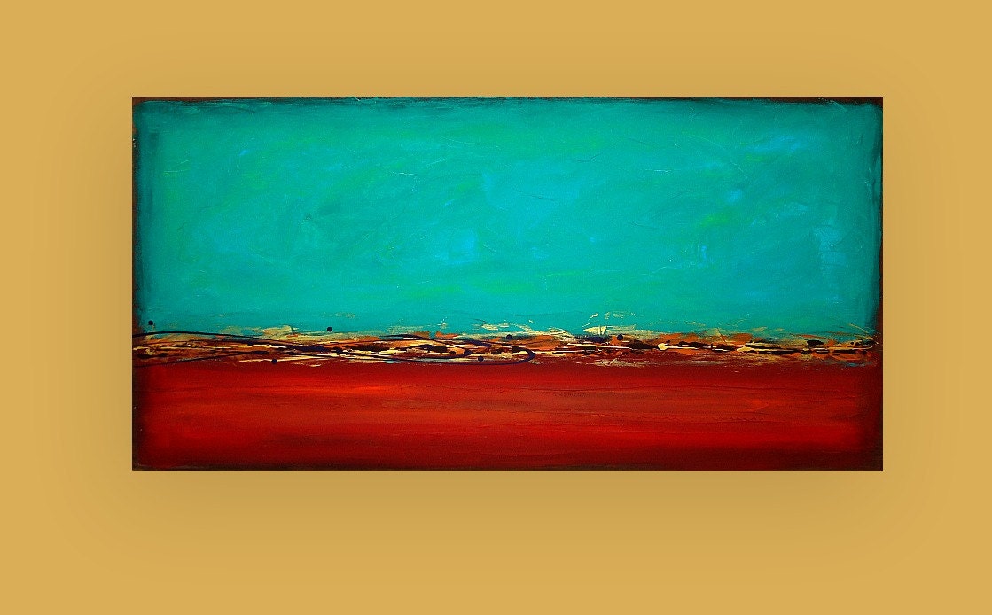 Abstract Art Turquoise and Red Acrylic Painting Titled: Urban 5 24x48x1.5" by Ora Birenbaum