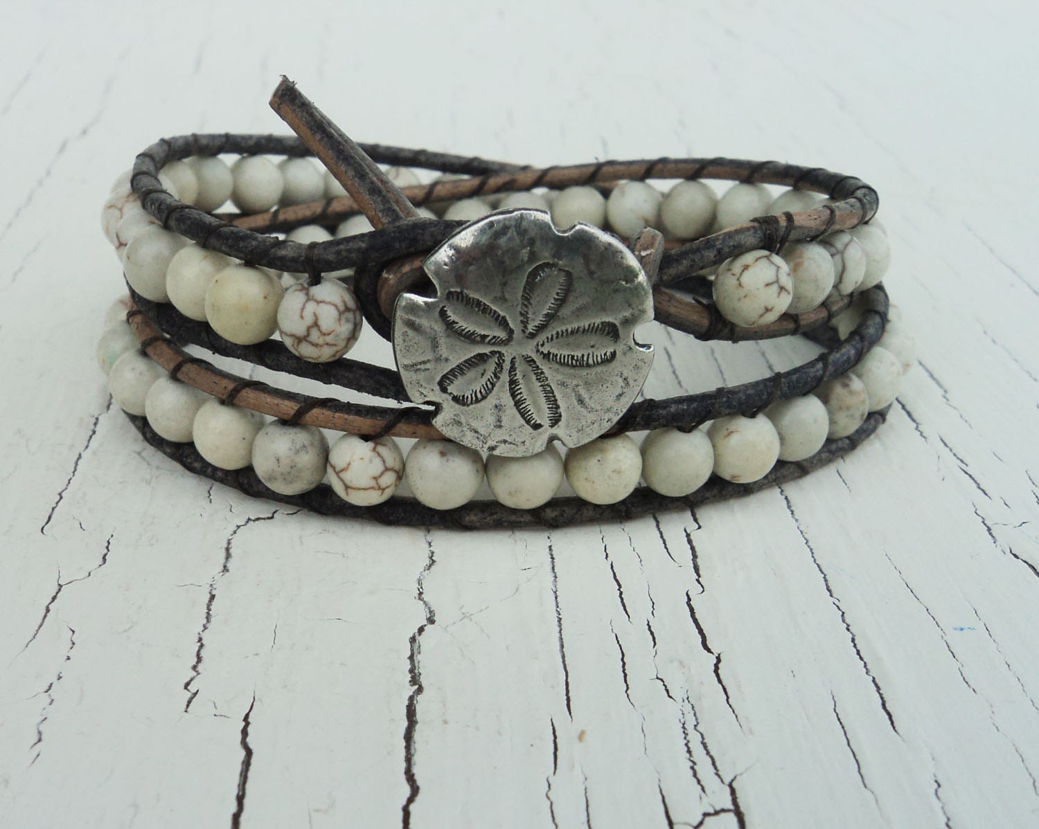 Sand Dollar Leather Wrap Bracelet, White Magnesite Double Wrap, White and Gray Beach Chic, Shabby Chic, Boho Bohemian Style, Beach Jewelry