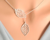 Silver Leaf Lariat - sterling silver, double leaf lariat, silver leaf necklace, double leaf pendant, mini leaf lariat