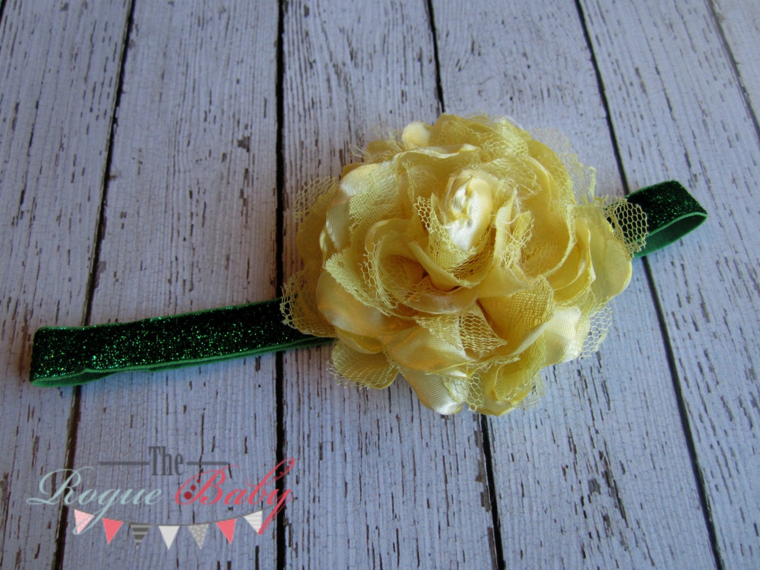 Game Day Glam Headband - Yellow & Green -  Oregon Ducks Greenbay Packers - Glitter Elastic Satin and Lace
