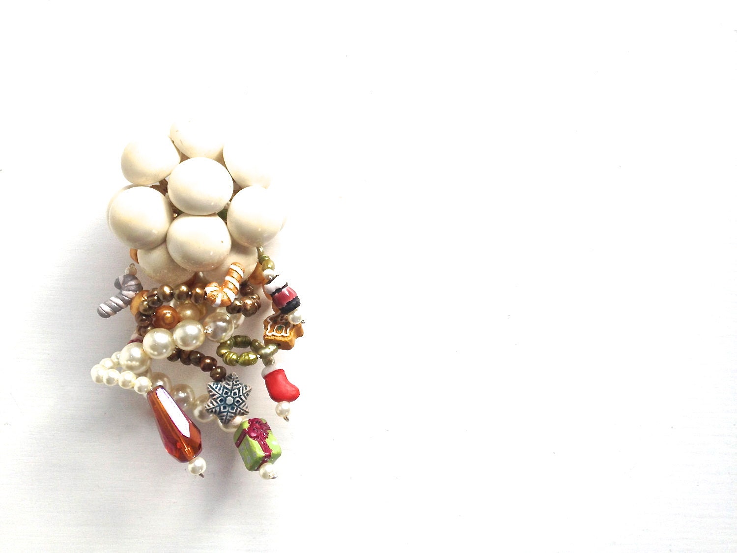 Christmas Holiday Brooch Statement Pin with Pearls, Candy Canes, Boots, Snowflake in Cream, Green, Silver & Gold PIN by ZiLLAs QuEeN