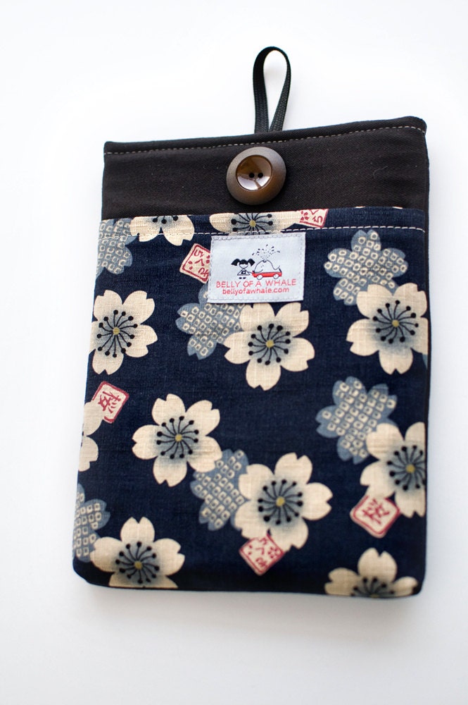 eReader Mini iPad Kindle Fire and Kindle Fire HD Sleeve Cherry Blossoms in Navy
