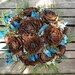 Woodland Jade Blue Wedding Bouquet & Groom's Boutonniere - Blue Bridal Bouquet with Matching Brooch - Cedar Rose, Pacific Myrtle and Lichen