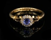 Edwardian 1900 Sapphire and Diamond Halo Engagement Ring / 18k yellow gold / Rose Cut