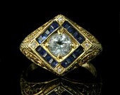 Vintage 14k Gold Aquamarine Diamond Sapphire Engagement Ring / Filigree