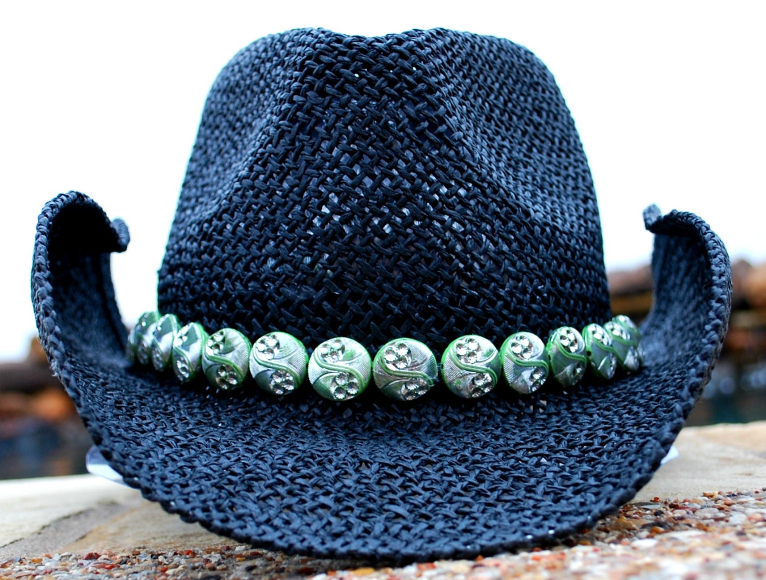Black Cowgirl Hat with Green/Silver Band