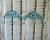 Aqua Blue Iron Wall Hook, Jewelry Holder, Necklace Holder, Coat Rack, Fleur De Lis Metal Hook, Wall Hanging, Towel Rack