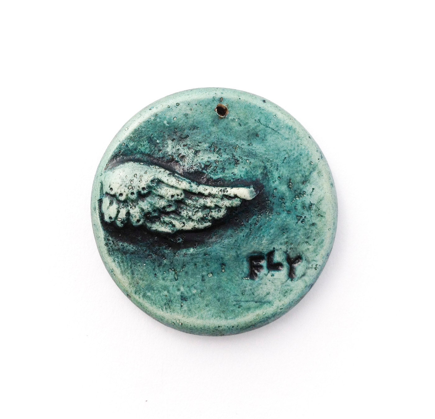 Distressed Grungy Teal Patina Wing Polymer Clay Pendant - Distlefunk2