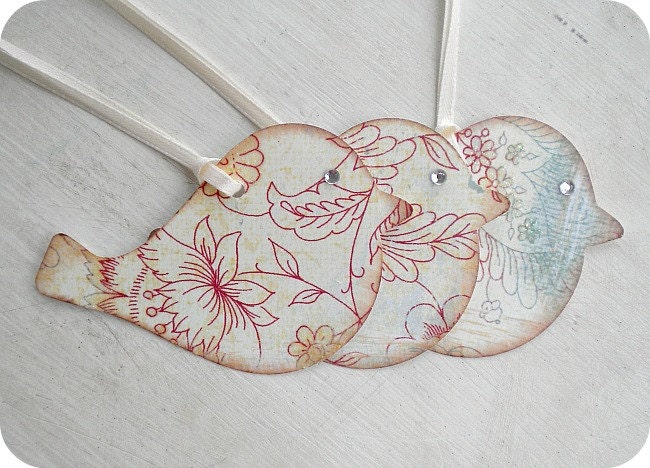 Cottage Shabby Chic Red Floral Birdie Tags - w/ Gems - Set of 6