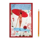 Journal entitled "Create." Anthropologie Style with Red, Turquoise, and White. 5 in by 7 in with 80 lined sheets.