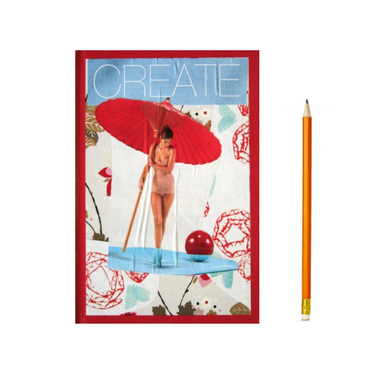 Journal entitled "Create." Anthropologie Style with Red, Turquoise, and White. 5 in by 7 in with 80 lined sheets.