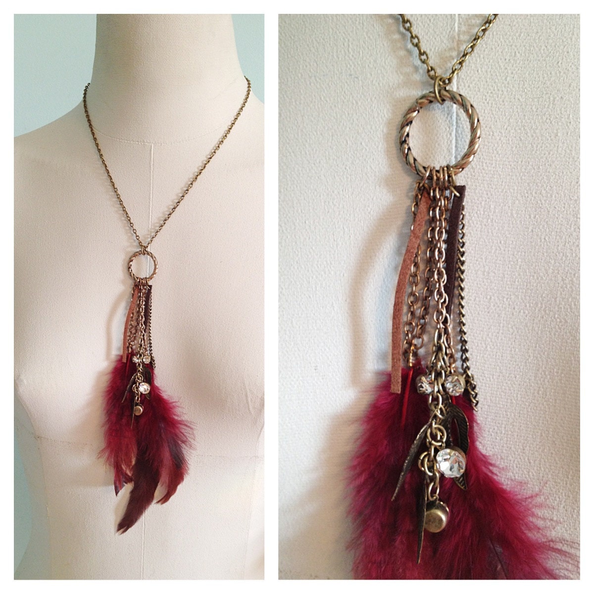 Handmade Oxblood Dream Catcher Necklace. Feathers. Boho. Hippie. Deep Red. Antique Gold. Brass. Vintage Style. Leather. Rhinestones. Long.