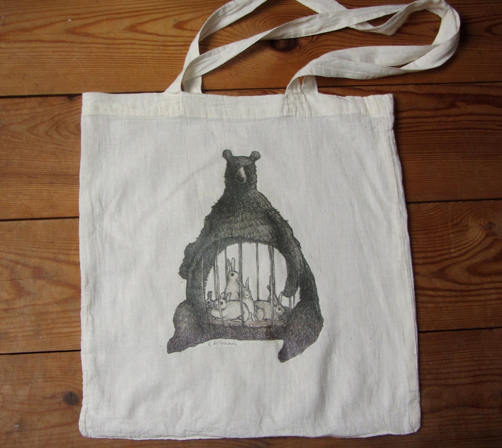 SALE Bear & Rabbits illustrated tote bag - arcade fire - my body is a cage