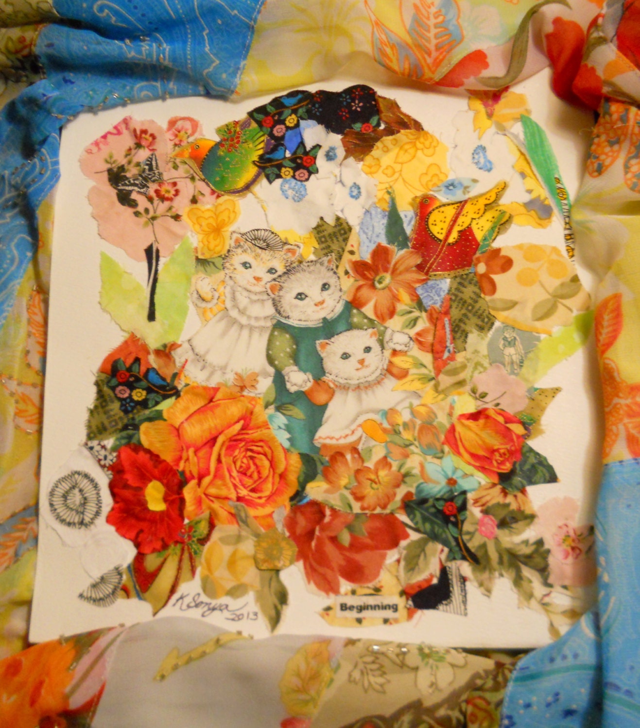 New Beginning, Fabric Collage Print and Card, Cats and Flowers, Collage Art Print, Kitschy Cats, Hope and Joy, 8.5 x 11, KSonya