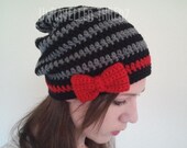 Womens Teens Slouch Beanie Hat with Red Bow Black and Gray Stripes Slouchy