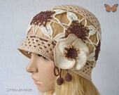 OOAK Irish Lace Crochet Women Ladies Vintage Style Romantic Victorian Wedding Cloche Beanie Bandana Hat Brown Pastel Spring Summer
