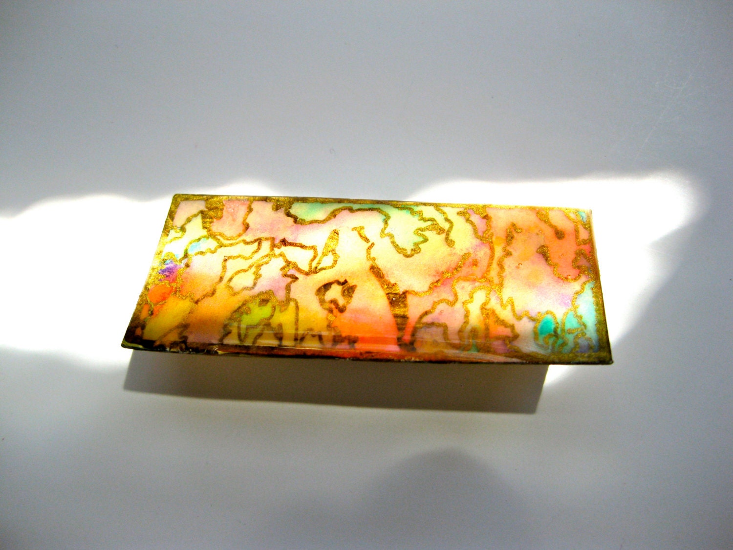 Vintage Art Brooch Pin Rectangular Design Peach, Gold, Green,Lavender