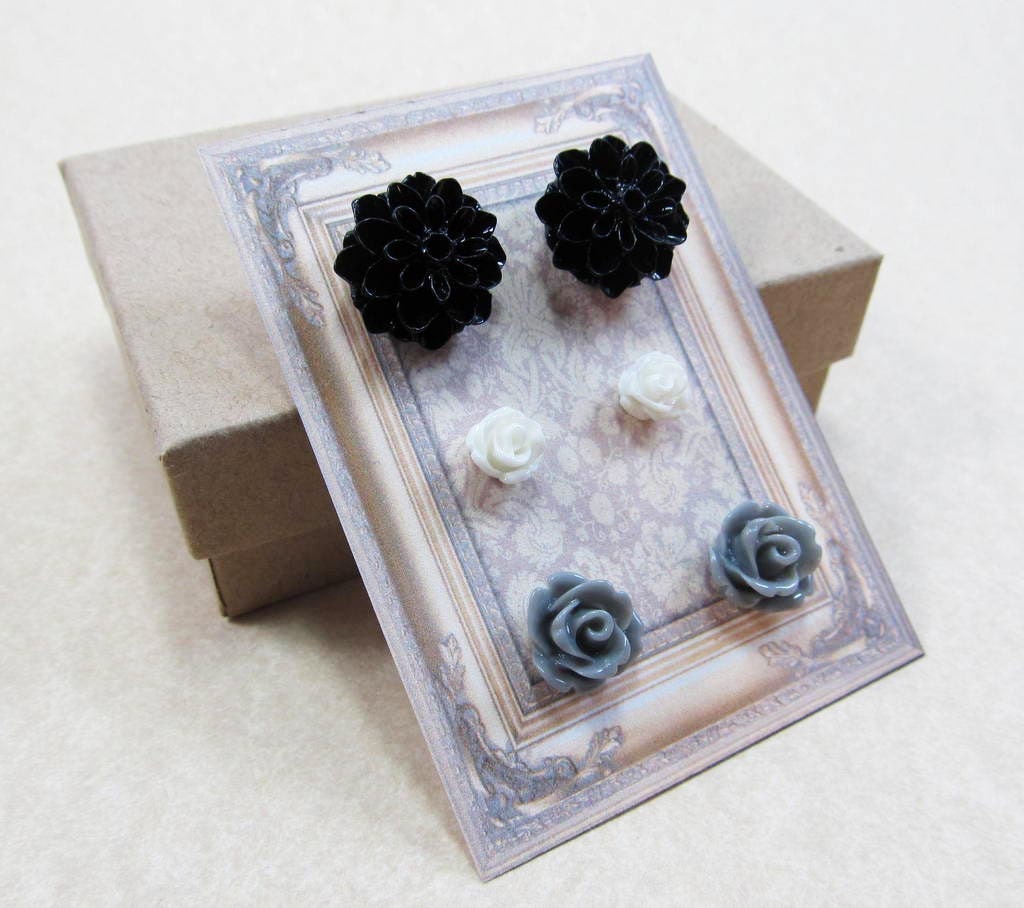 Post Stud Earrings - Resin Flower Gift Set - Black Dahlia, Gray Rose, White Rose - Sterling Silver Plated Posts