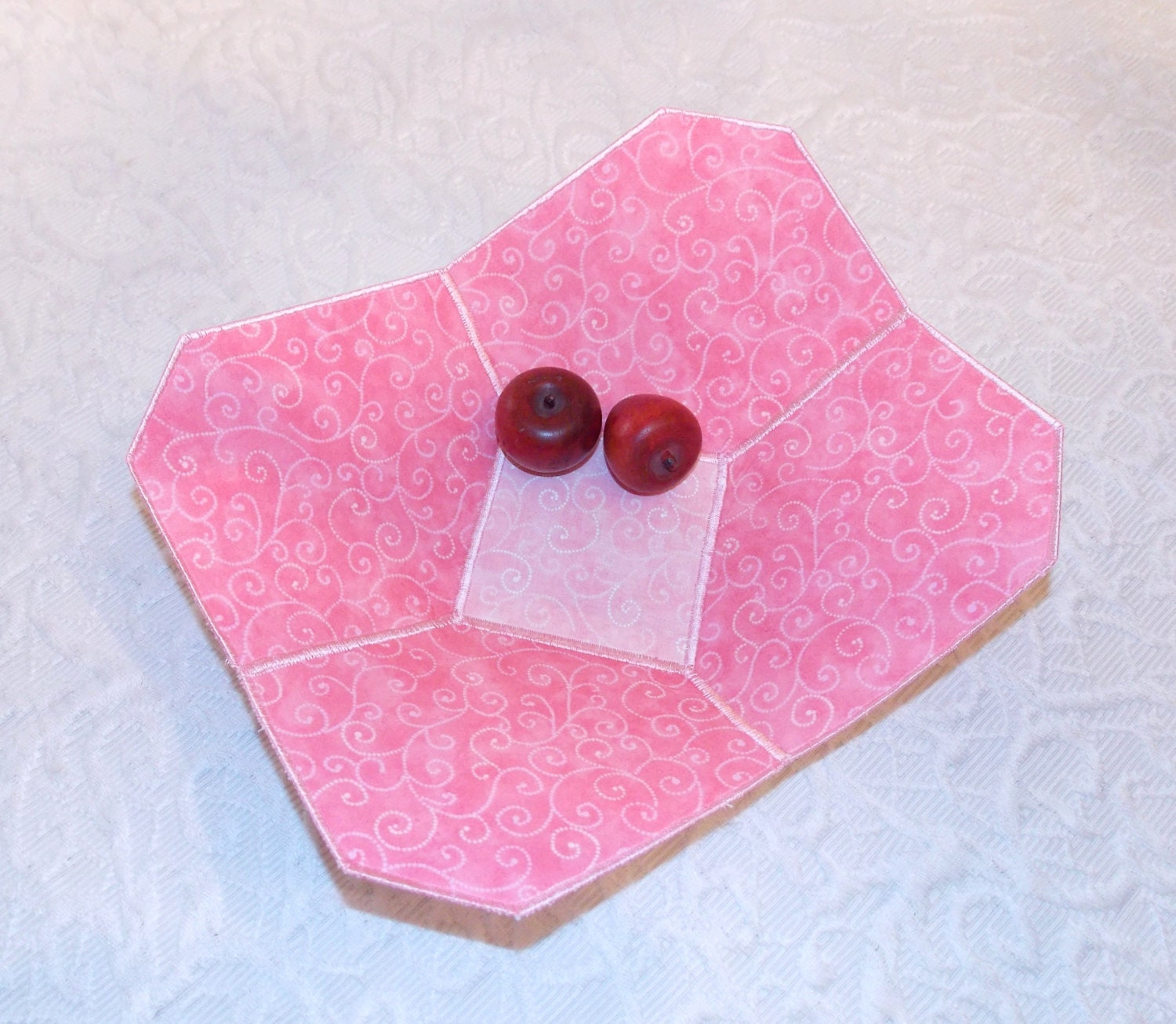 Shabby Chic Fabric Bowl  Pink and White Victorian Swirl