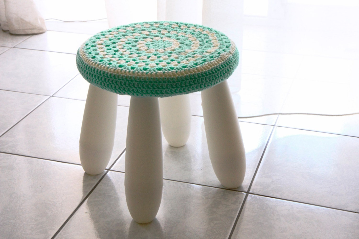 Crochet stool cover nursery decor, granny stool cover in mint and ivory for IKEA Mammut Stool, only cover