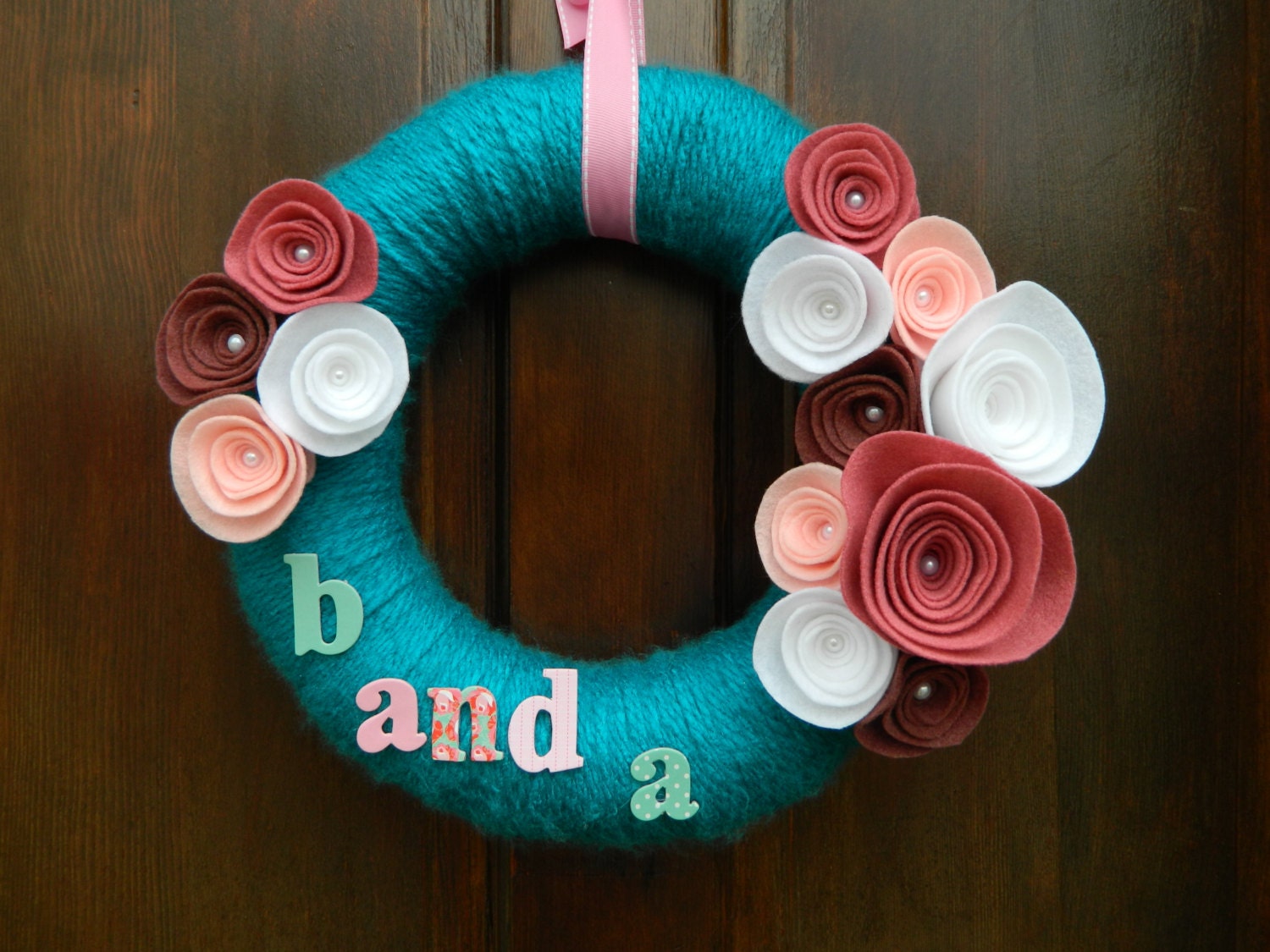 Spring Wreath - Teal Yarn Wreath with White, Blush, Rose and Wine Felt Flowers, Pearls and Chipboard letters - 12 inch