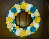 Summer Beach Wreath - 14 inch Summer Wreath - Bright Beach Wreath in Peacock, White, Antique White and Yellow with Starfish - 14 inch