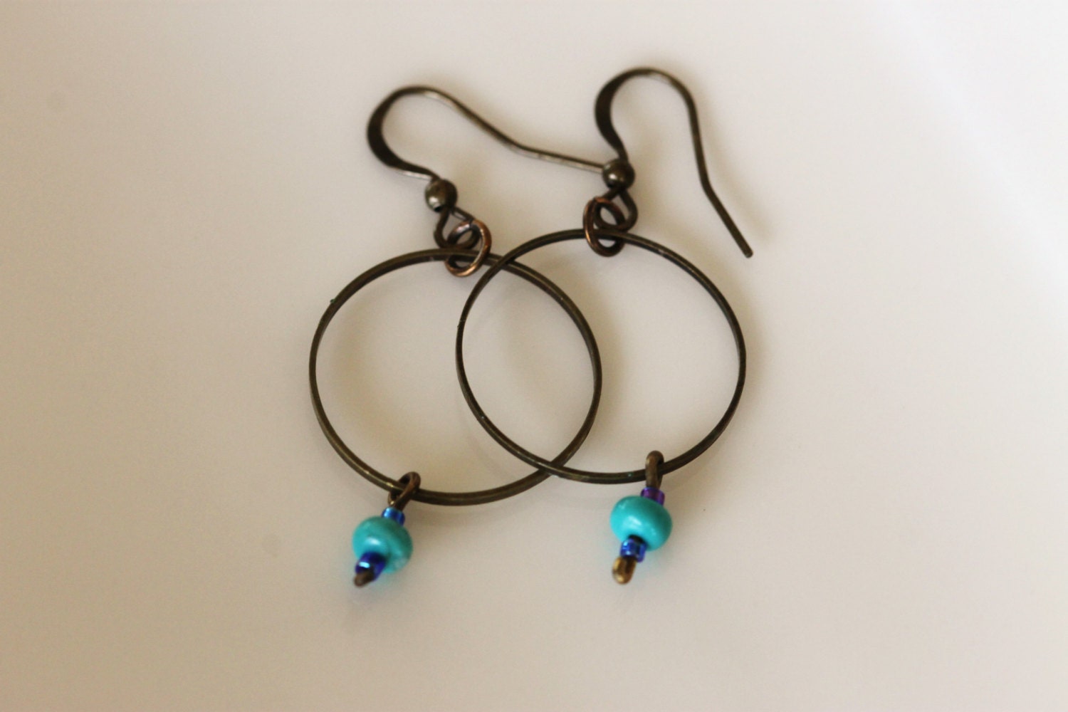 hoops and turquoise, earrings, antiqued bronze, dangle, handmade jewelry by girlthree