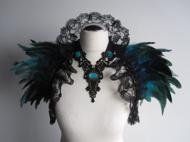 Feather Lace Stole Wrap Shrug Capelet Collar Turquoise Cyan Gothic Burlesque Bohemian