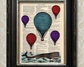 Marine Illustration of Whales and Balloons, Book Page, Shabby Chic Wall Art, Vintage Art Print, Upcycled Book Page Art.