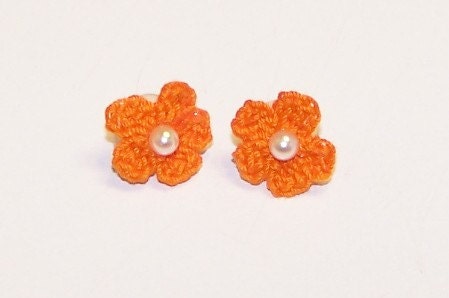 Crochet, Flower, Earrings, Tangerine, Orange, Forget Me Nots, Vintage, Swarovski, Cream, Pearls