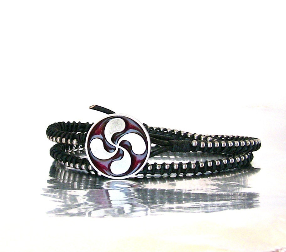Men's Bracelet Leather Black, Silver, Red, French Style, Basque Button, Trendy, Unique Jewelry for Men