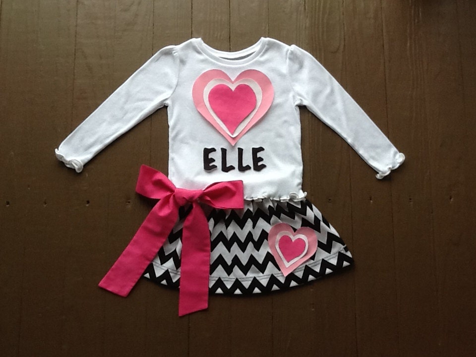 Custom childrens clothing. Girls personalized Valentine twirly skirt & shirt. Black white chevron. Pink bow hearts. EverythingSorella