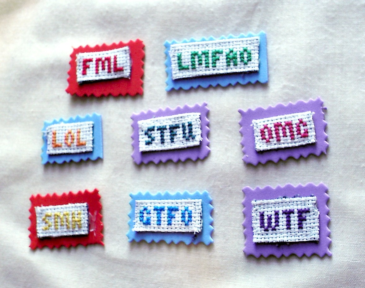 8 Text Word Magnets Cross Stitched Fridge magnets Decorative Tacks