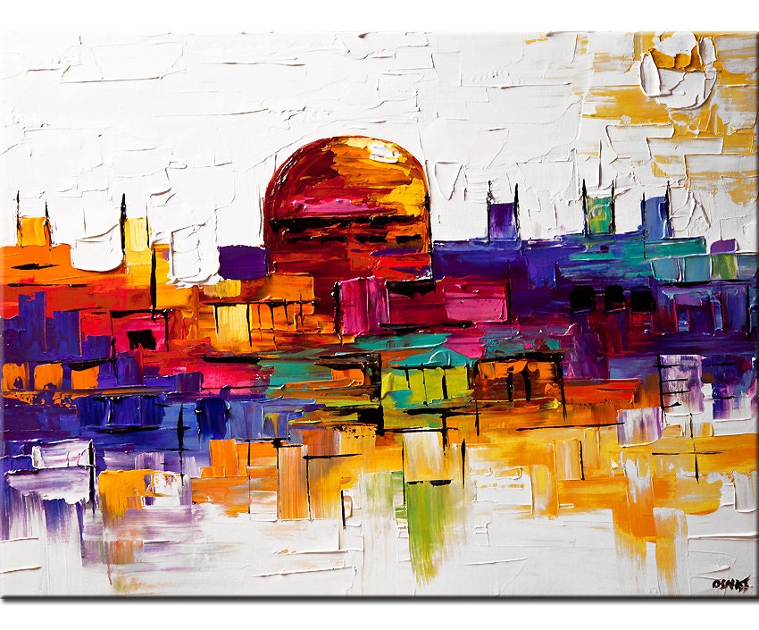 Abstract City Painting Original Modern Palette Knife Contemporary Jerusalem Art On Canvas Colorful by Osnat 40x30