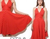 80s MARILYN MONROE halter red striped white dress backless collared full skirt 50s style rockabilly sexy summer gown XS S