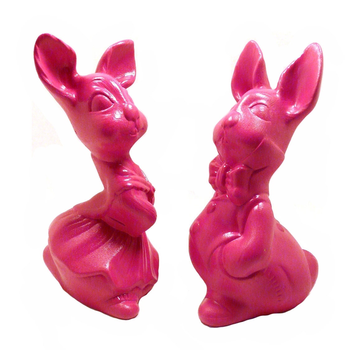hot pink bunnies, easter, rabbit figurines, kitsch decor, vintage ceramics, woodland decor, neon, upcycled, home decor, rabbits