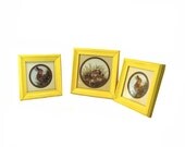 framed rabbit prints, vintage wall art, woodland decor, yellow, upcycled frames, print set, rabbit, bunny, spring, rabbit art