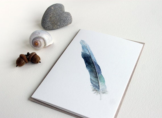 Blue Feather Note Card - Watercolor Painting, Nature Notecard, Art Card, Spring, Blue, Mint Green, Purple, Grey, Cream