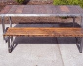 4 ft industrial bench with rectangular steel legs and raw steel trim