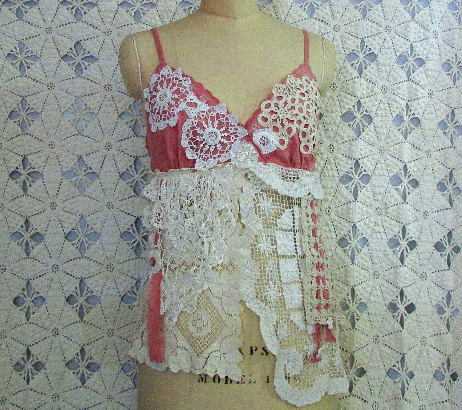 Gypsy Camisole Vintage Lace and Buttons Reconstructed Shabby Chic Boho Doily