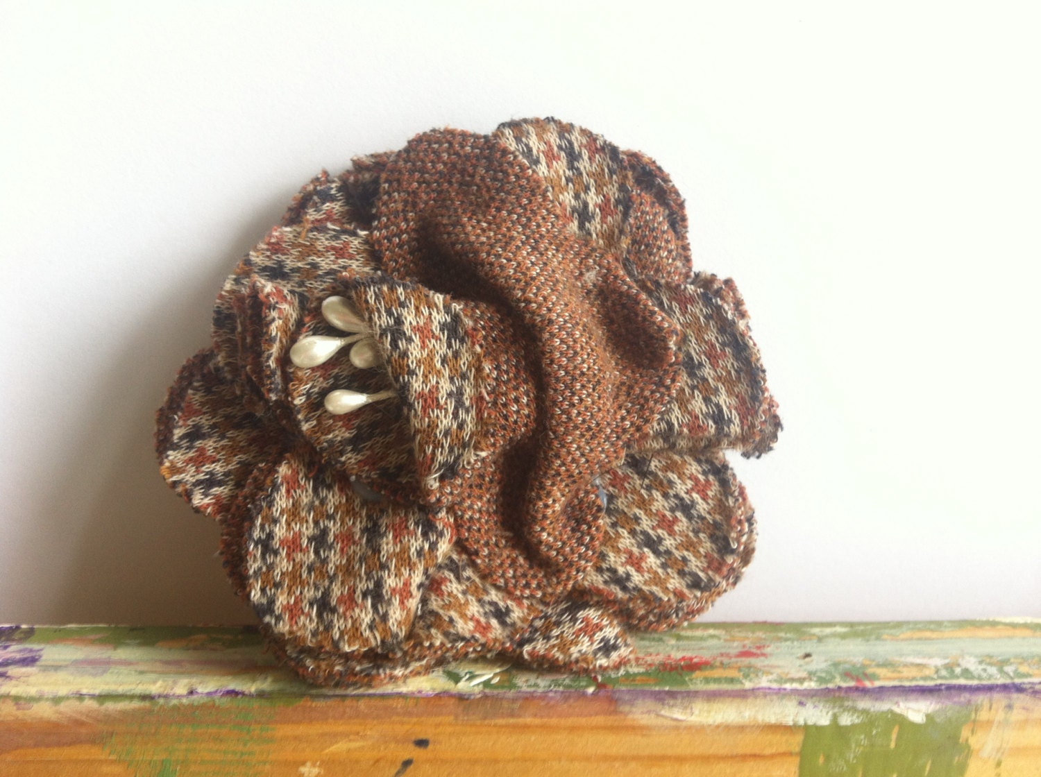 Brown Patterned Cotton Fabric with Pearl Center Accent