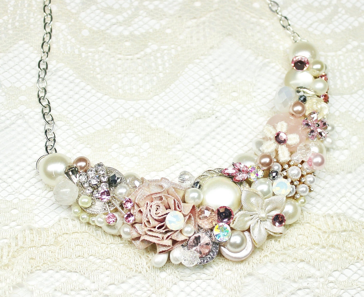 Pink Floral Statement Necklace-Pink Bridal Jewelry- Bridesmaid necklace- Candlelight and Ivory statement necklace