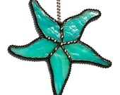 Stained Glass Starfish FAN PULL Suncatcher - Wispy Turquoise, Green, Aqua - USA Handmade Original Design